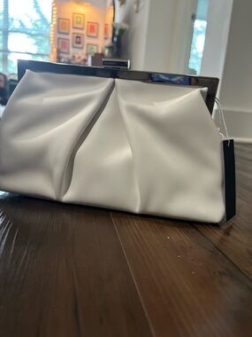 Elegant White Pleated Frame Clutch with Polished Metal Trim